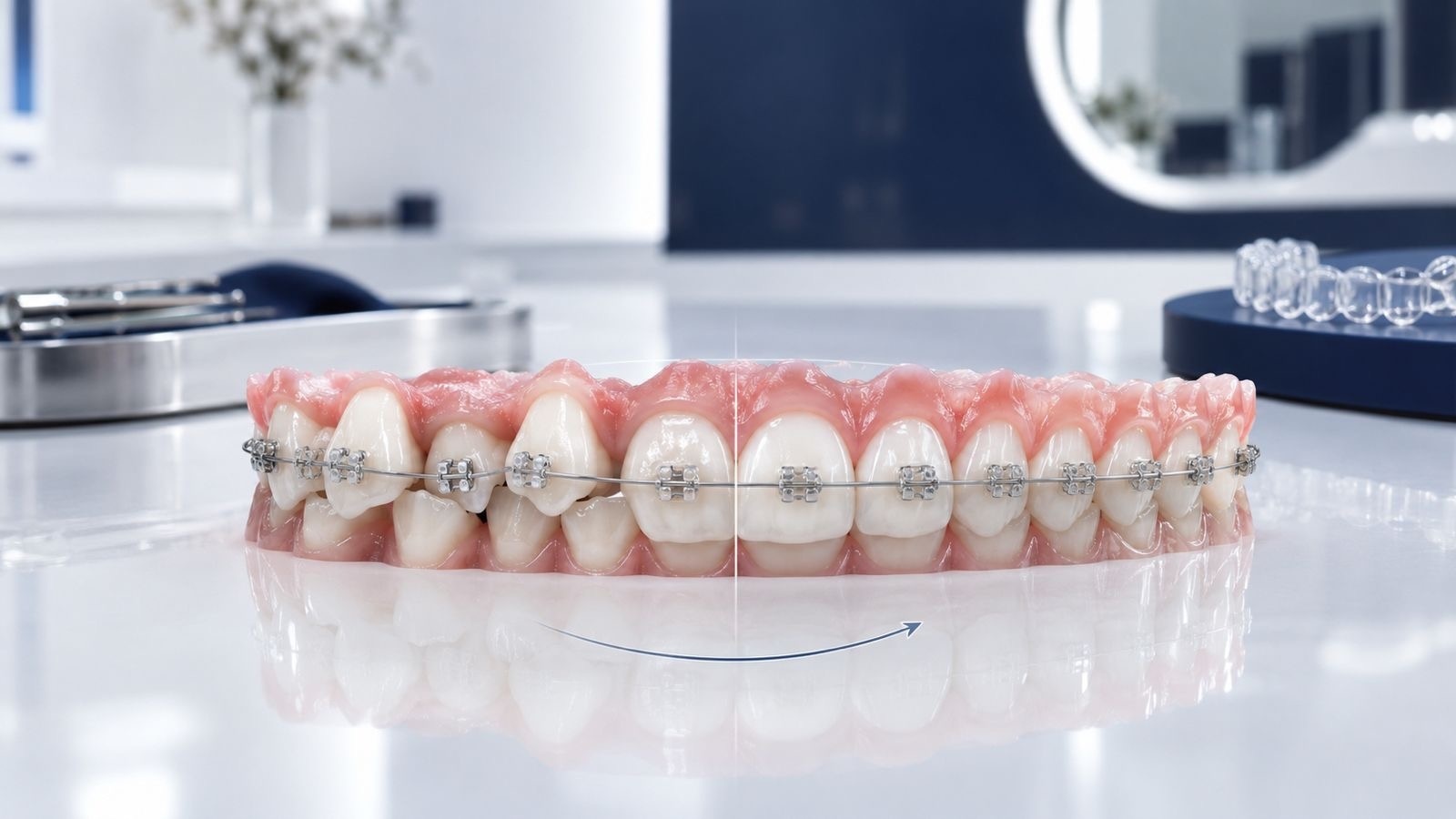 Diş teli ve şeffaf plak tedavilerinin planlanmasını gösteren diş modeli
